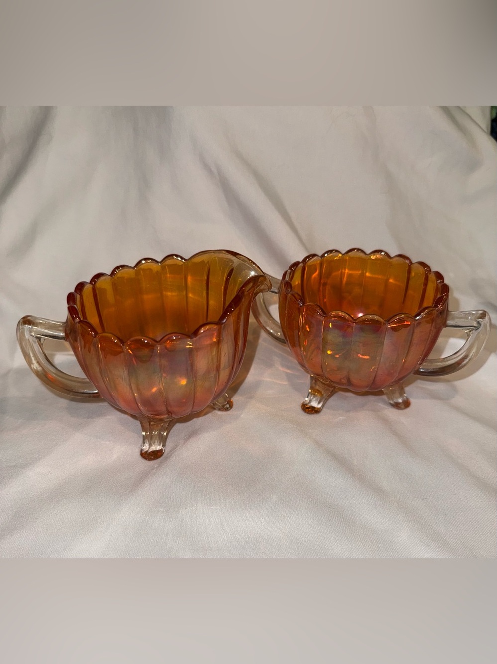 Iridescent Orange Carnival Glass Creamer and Sugar Set